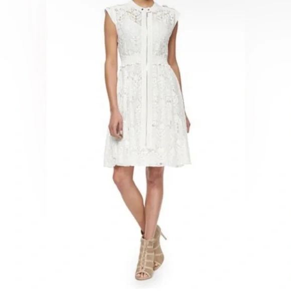 Rebecca Taylor white Lace Zip Front Dress A-line Cap Sleeve Button Snaps Size 10 - Picture 2 of 8